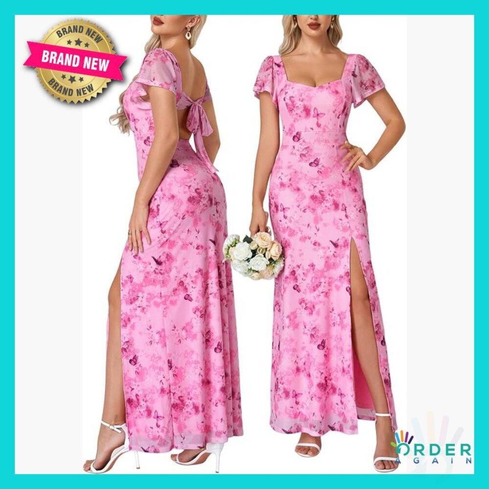 Floral Maxi Dress Elegant Formal Cocktail Party Wear High Slit Back Bow Tie